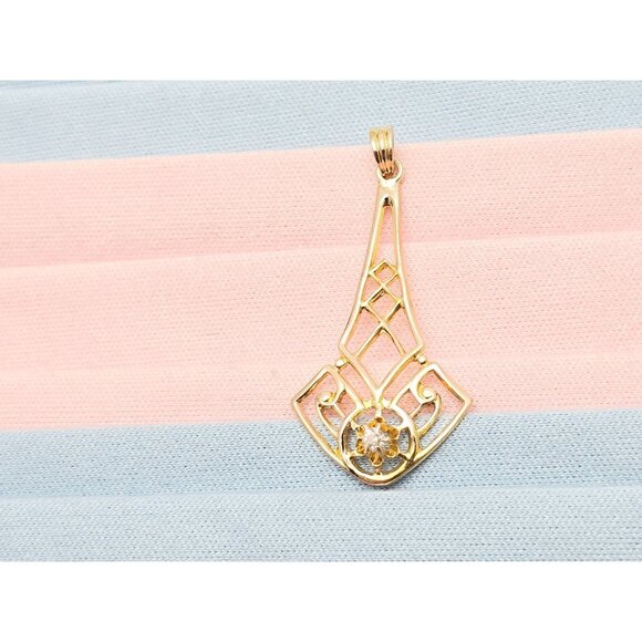 Beautiful 10K Karat Solid Yellow Gold Designer Art Deco Diamond Pendant Charm - Picture 1 of 14
